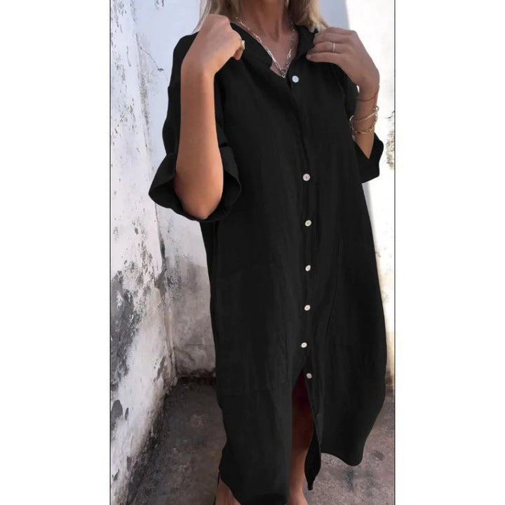 W&W Mode | Lässiges Baumwoll-Leinen Shirtkleid mit dreiviertelärmeln