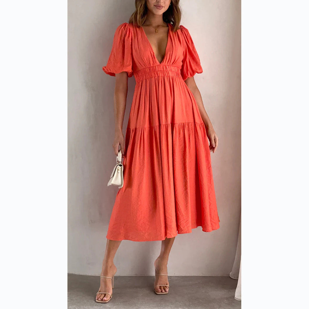 WW | Lässige Trends Sommer V-Ausschnitt Figurbetont Taillenkleid Midilänge