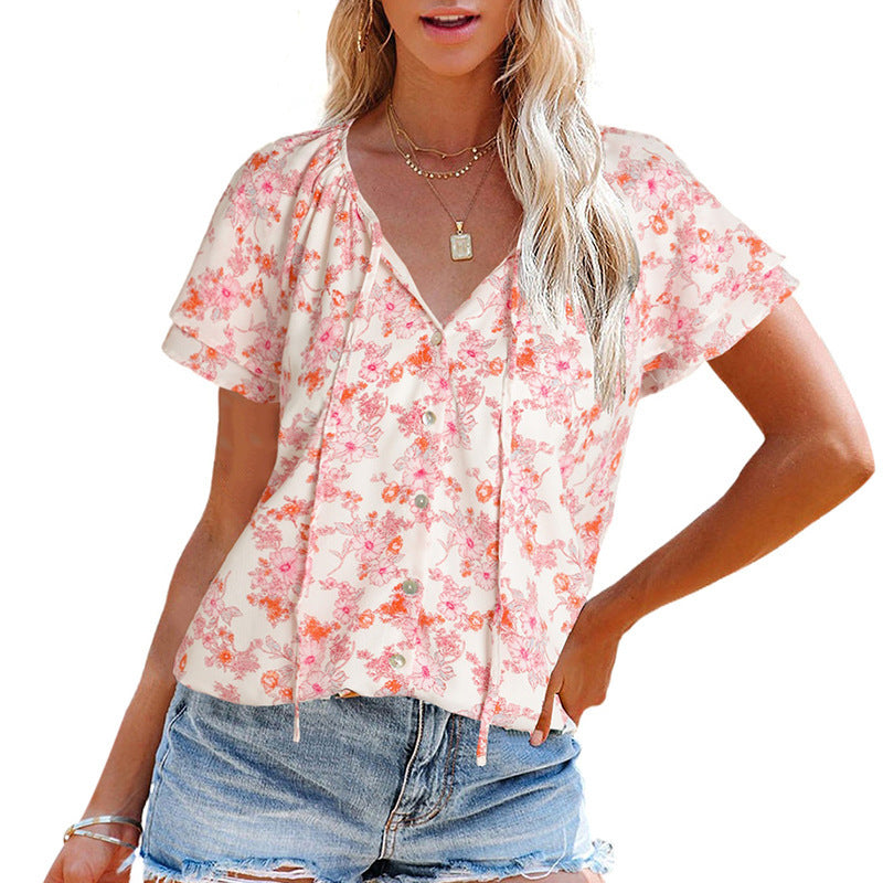 Damen luftige Bluse mit floralem Muster und dekorativen Knopfdetails WW