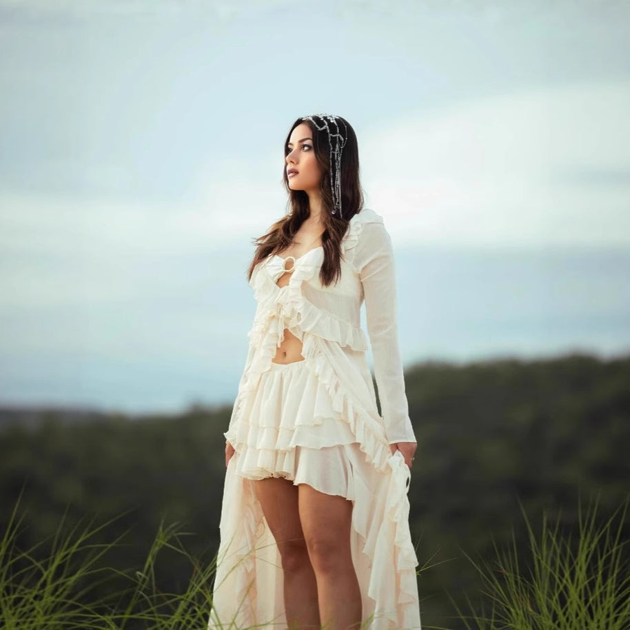 Damen romantisches Rüschenkleid mit langen Ärmeln WW