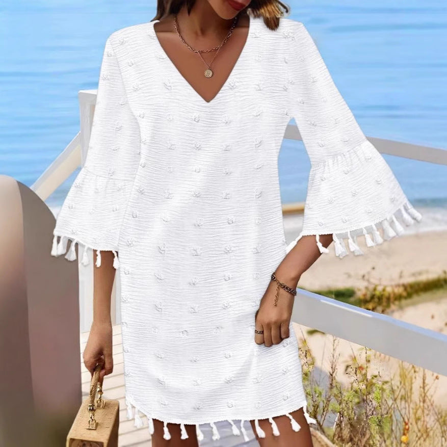 Damen Strandkleid mit modischen Fransen und V-Ausschnitt WW
