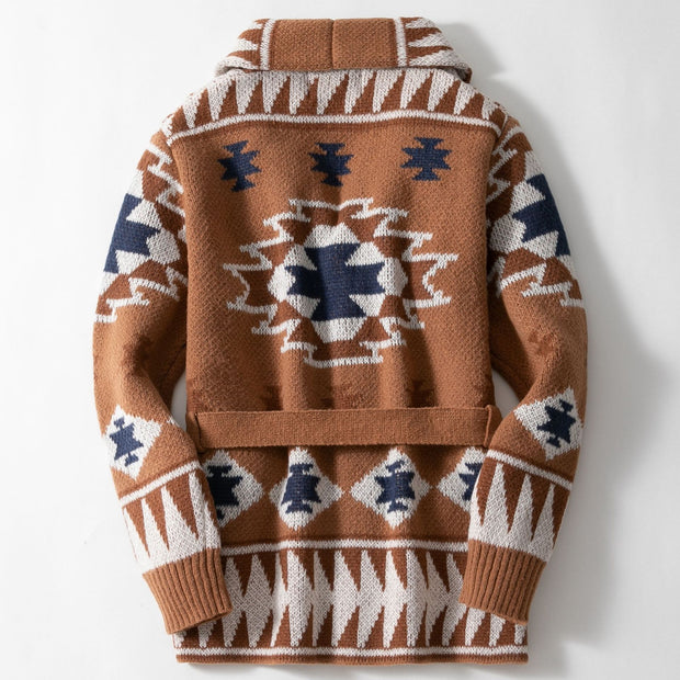 Damen Strickjacke mit geometrischem Muster und Gürtel WW