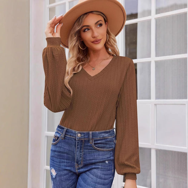 Damen Strickbluse mit feiner Rippstruktur und lässigem V-Ausschnitt WW