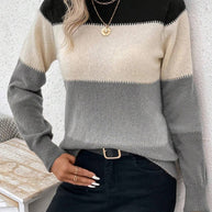 Damen Rundhals Strickpullover mit modernen Farbkombinationen WW