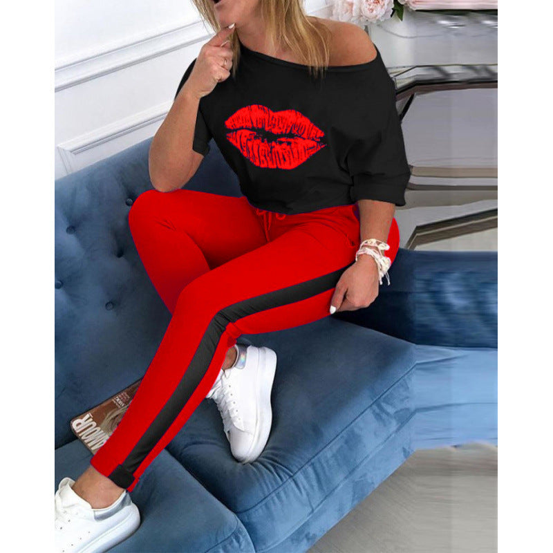 Damen Casual Grafik Lippen-Druck Top und Track Pant Set WW