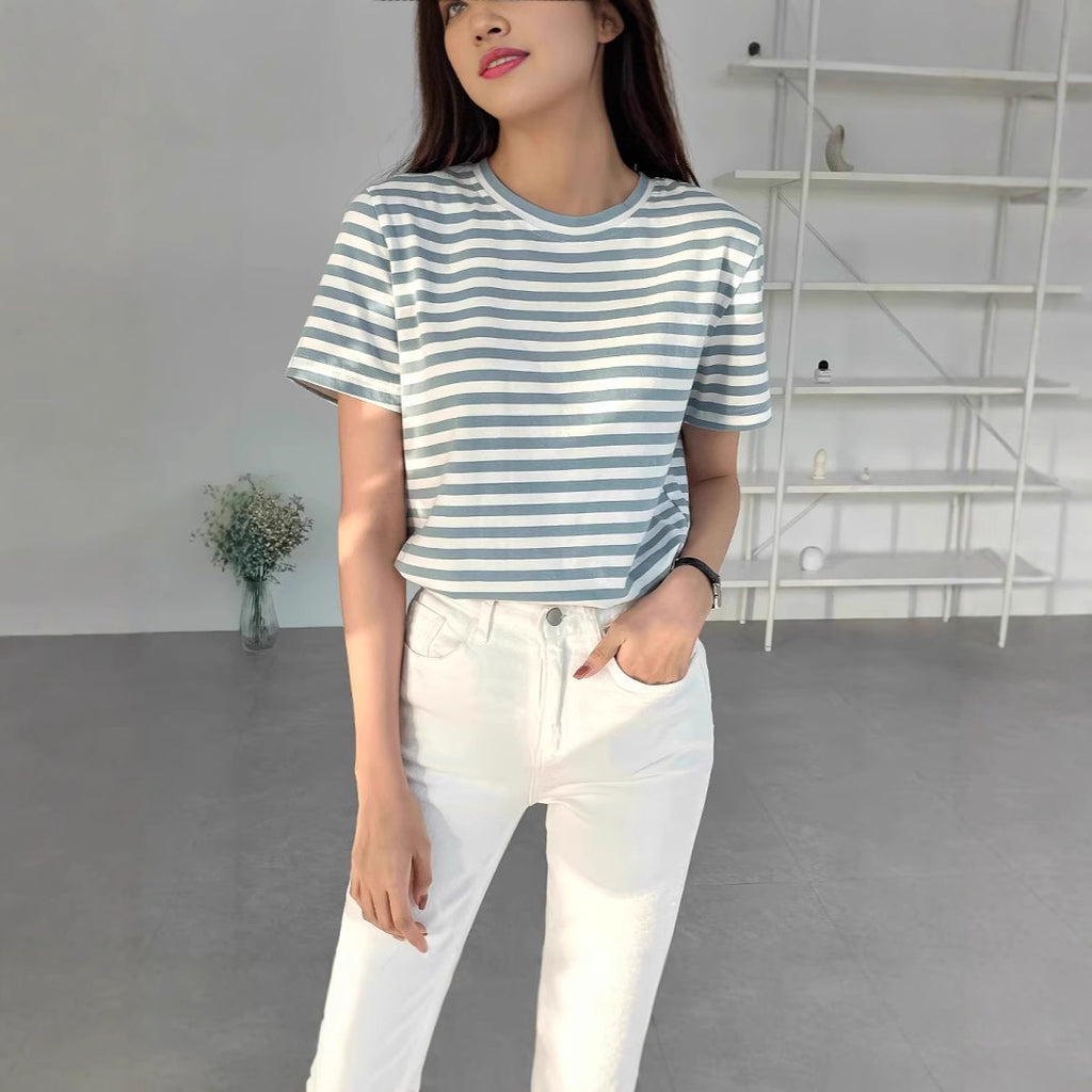 Damen gestreiftes T-Shirt aus Baumwolle mit Rundhalsausschnitt und kurzem Arm WW