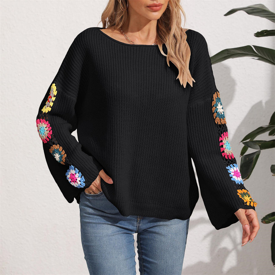 Damen eleganter Pullover mit bunten Häkelapplikationen an den Ärmeln WW