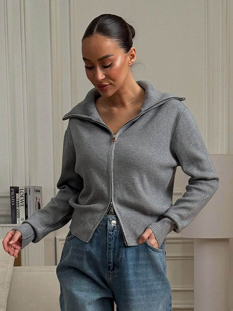 Damen bequeme Strickjacke mit Reißverschluss WW