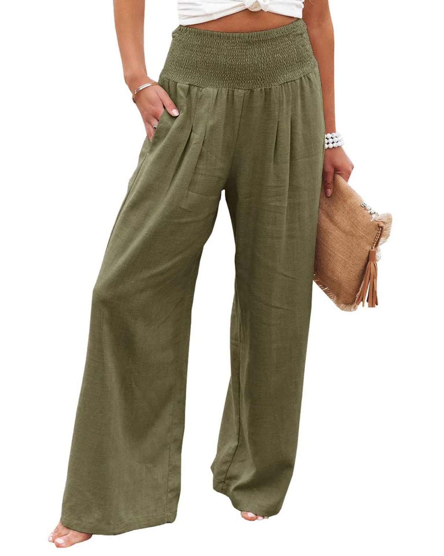 Damen Weite Leinenhose mit elastischem Bund und Falten WW