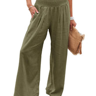 Damen Weite Leinenhose mit elastischem Bund und Falten WW