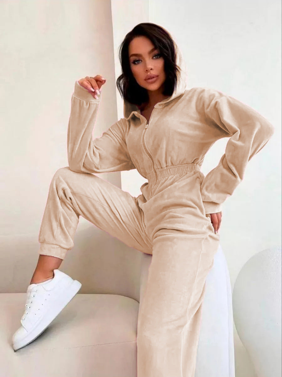 Damen sportlicher Fleece-Jumpsuit mit durchgehendem Reißverschluss WW