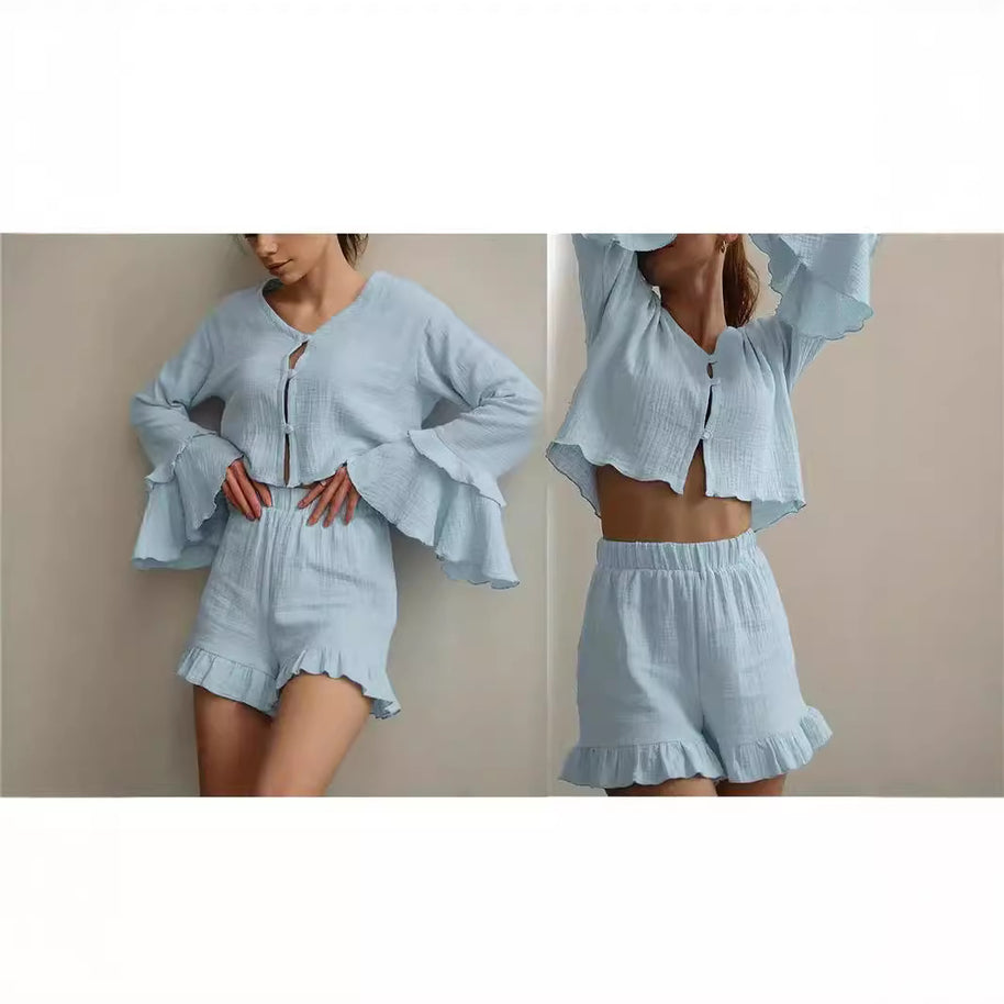 Damen Set aus luftiger Bluse und Shorts mit Volants WW