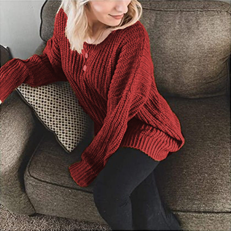 Damen Grobstrick Pullover mit weitem Schnitt und Rundhalsausschnitt W&W Mode