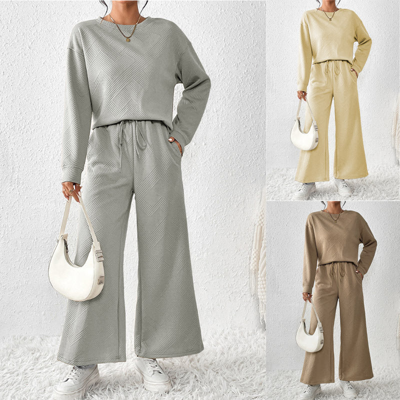 Damen Lässiges Set mit langärmligem Oberteil und weitem Hosen Schnitt WW