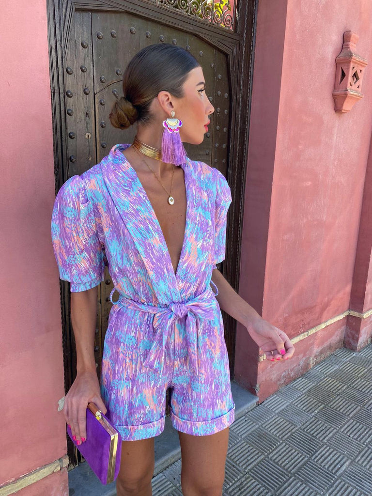 Damen modischer Jumpsuit mit modernen Puffärmeln und buntem Grafikdesign WW