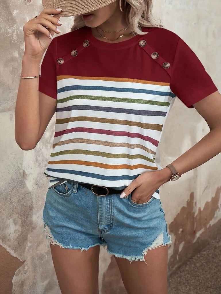 Damen gestreiftes T-Shirt mit modischen Knopfdetails und Rundhalsausschnitt WW