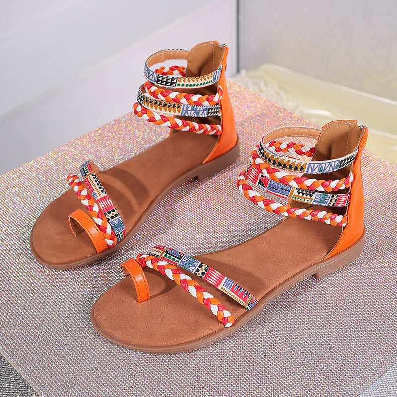 Damen Flotte Binde-Sandalen mit modischem Ethnomuster und atmungsaktiver Sohle WW