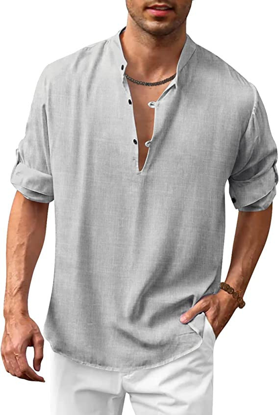 Herren Casual Leinenhemd mit modischem V-Ausschnitt und funktionalen Knopfdetails WW