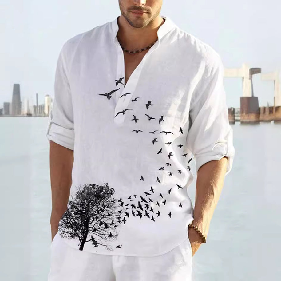 Herren Leinenhemd mit einzigartigem Federdesign und modischem Henley-Ausschnitt WW