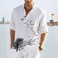 Herren Leinenhemd mit einzigartigem Federdesign und modischem Henley-Ausschnitt WW