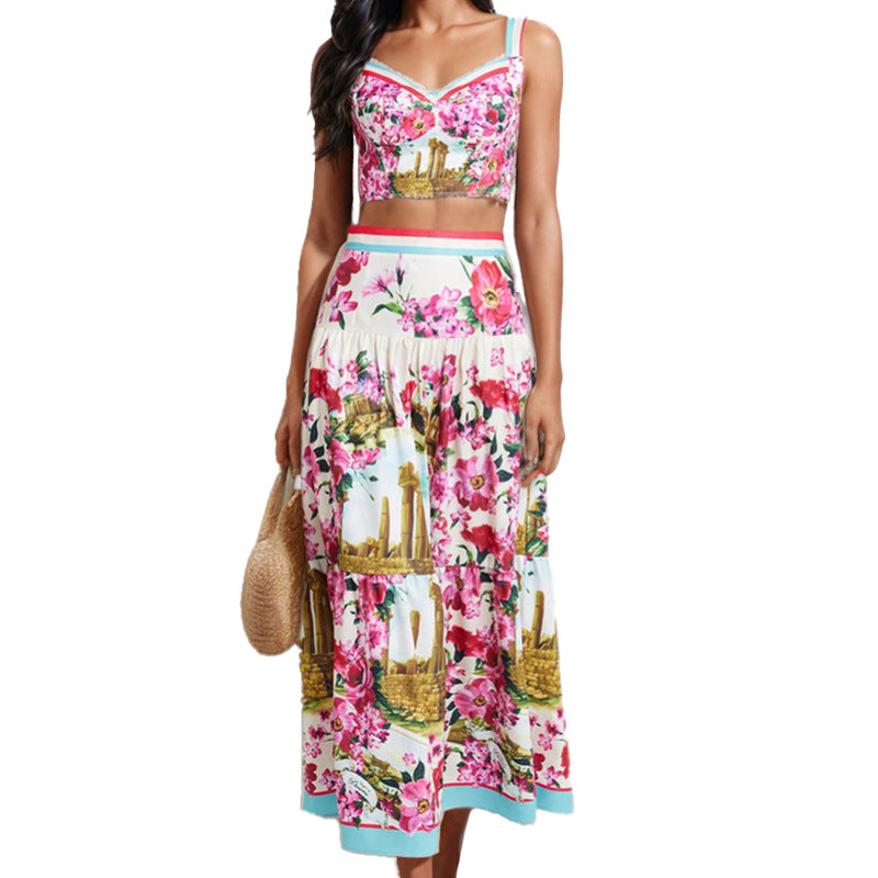 Damen Zweiteiliges Sommeroutfit mit floralem Bustier und schwingendem Rock WW