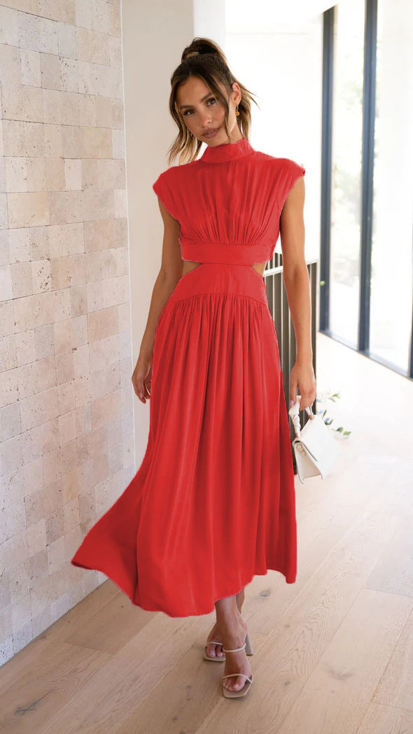 Damen elegantes Maxikleid mit hohem Kragen und seitlichen Cut-Outs WW