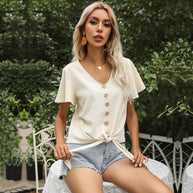Damen Kurzarm-Basic-T-Shirt mit Knopfdetail und Knotenverschluss WW