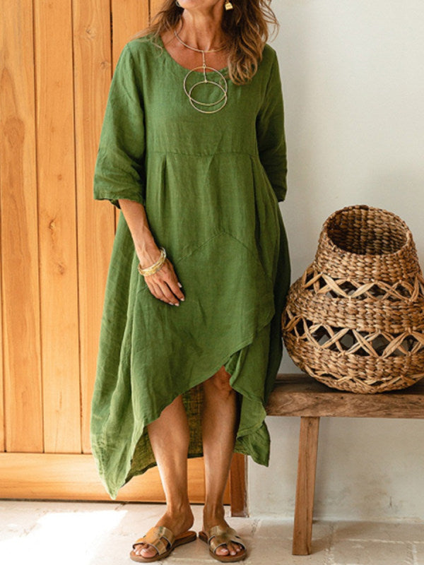 Damen asymmetrisches Sommerkleid aus Leinen mit gerafftem Saum WW