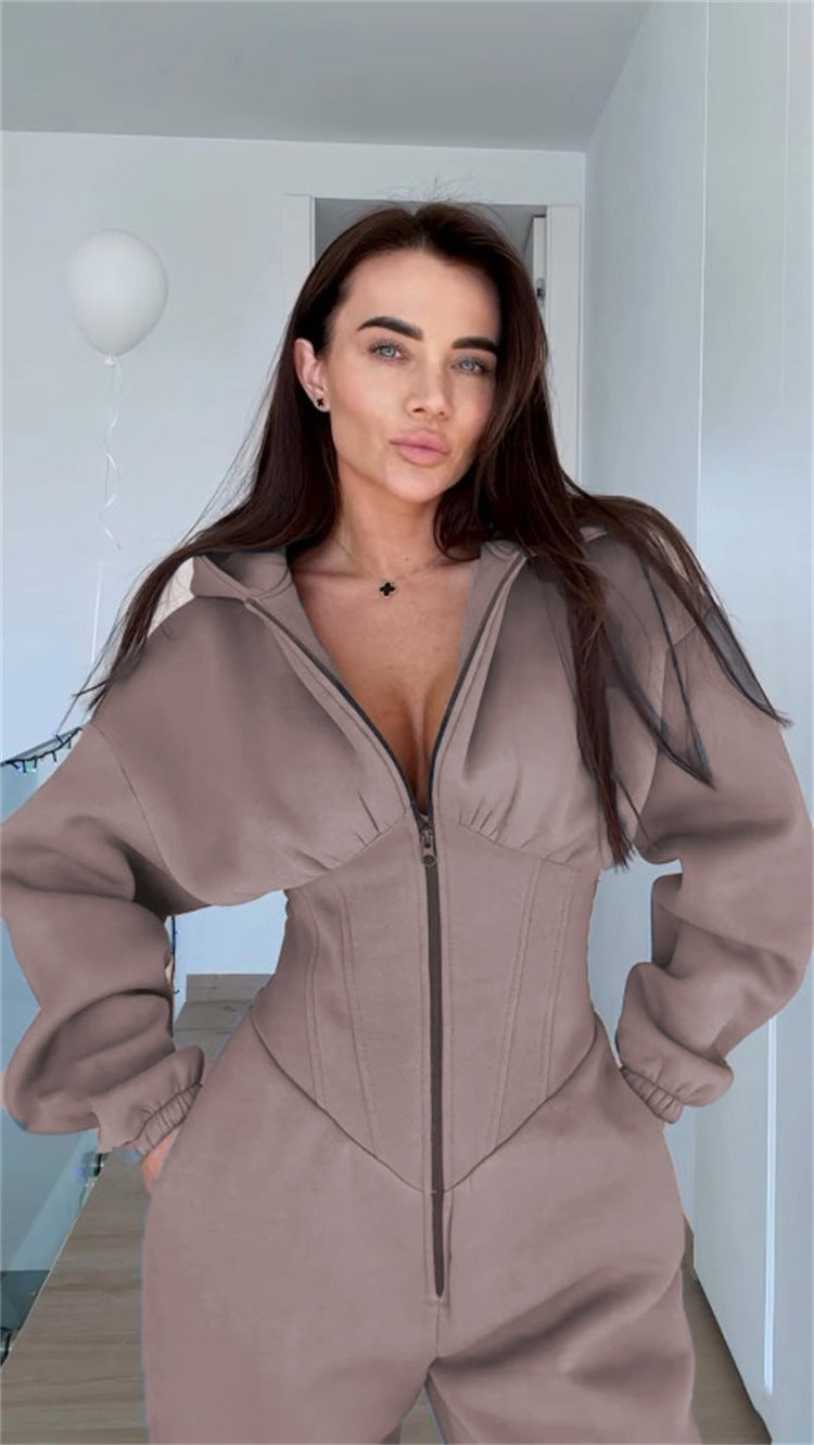 Damen Sportlicher Fleece-Jumpsuit mit hohem Kragen und trendiger Silhouette WW