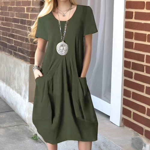Damen lässiges Kurzarm-Kleid mit seitlichen Taschen und lockerem Schnitt W&W Mode