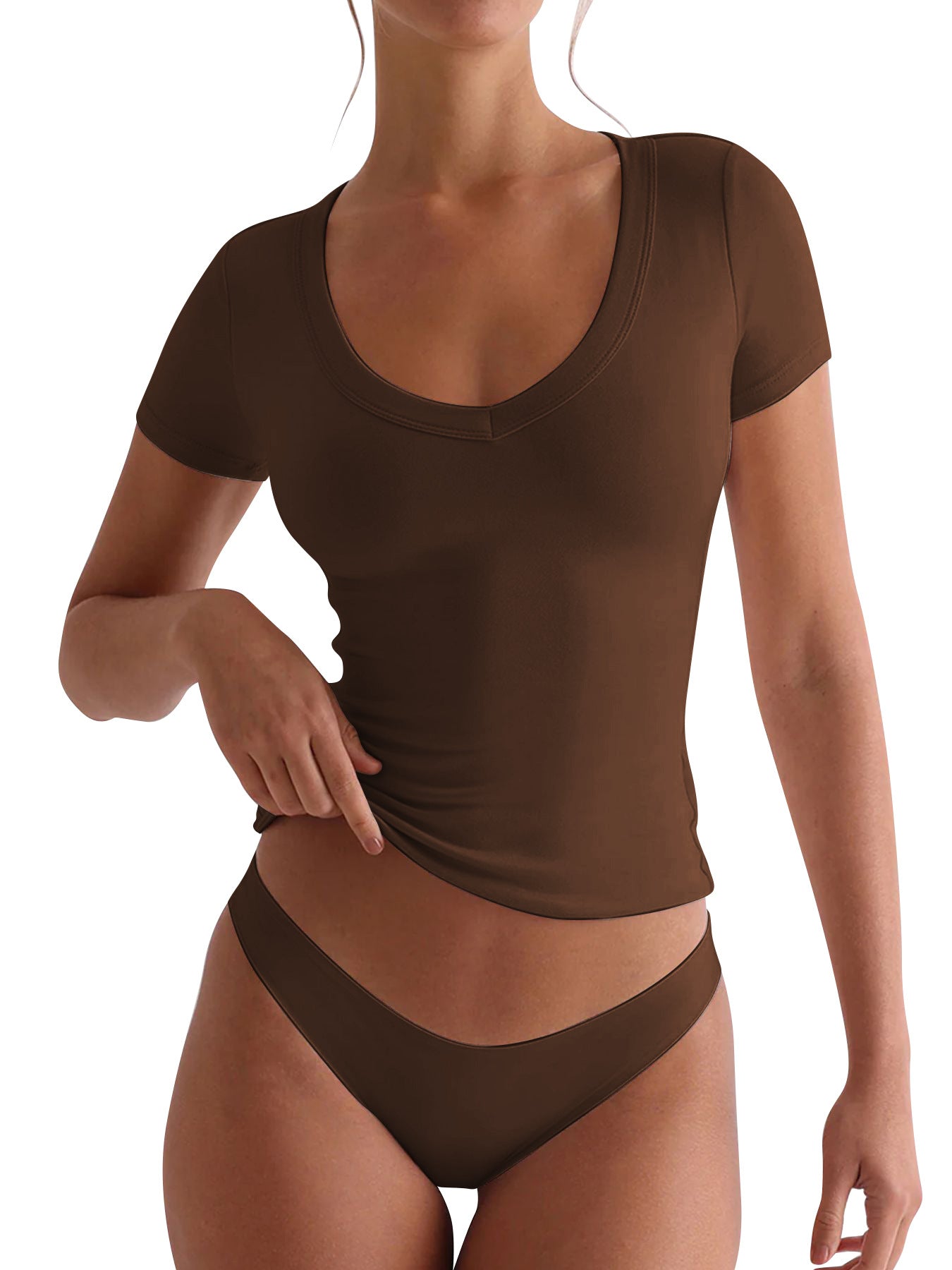 Damen figurbetontes V-Neck T-Shirt mit kurzen Ärmeln WW