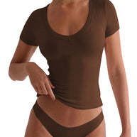 Damen figurbetontes V-Neck T-Shirt mit kurzen Ärmeln WW