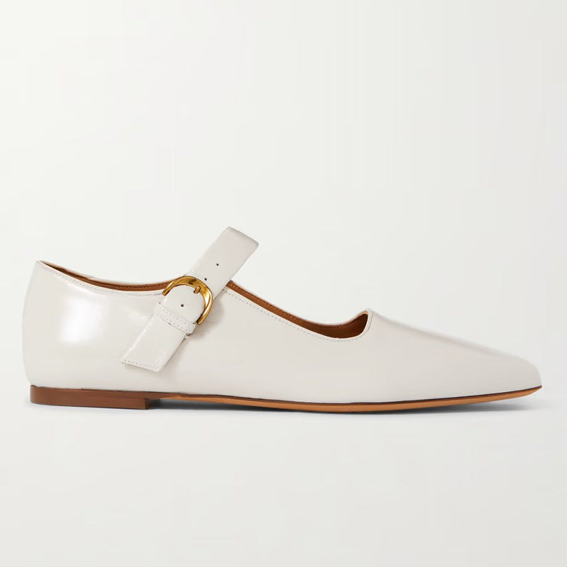 Damen Elegante Spitz-Zehen Knöchelriemen Ballerinas mit goldener Schnalle WW