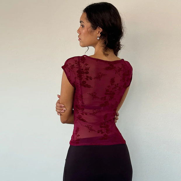 Damen Spitzenoberteil mit floralem Muster und transparenter Gestaltung W&W