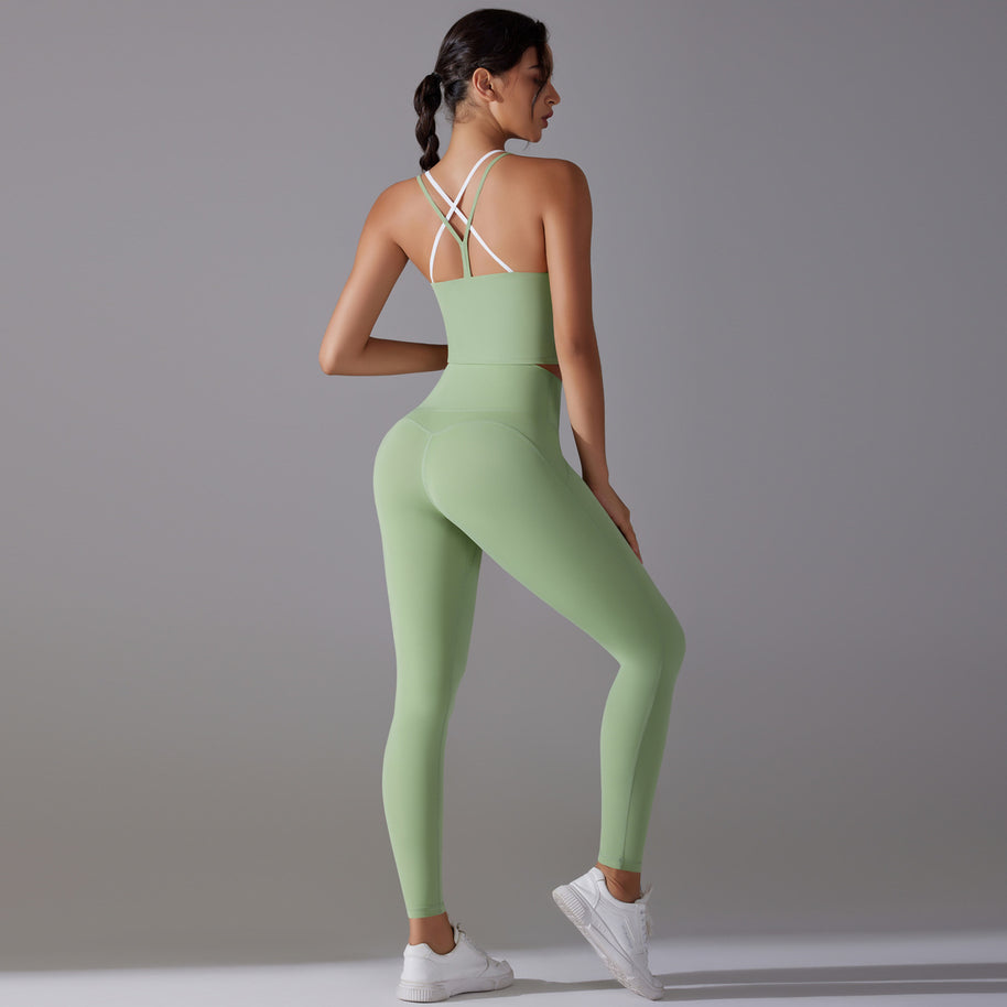 Damen Sportliches Bustier- und High-Waist-Leggings-Set mit nahtloser Konstruktion und atmungsaktiver Technologie WW
