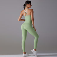 Damen Sportliches Bustier- und High-Waist-Leggings-Set mit nahtloser Konstruktion und atmungsaktiver Technologie WW