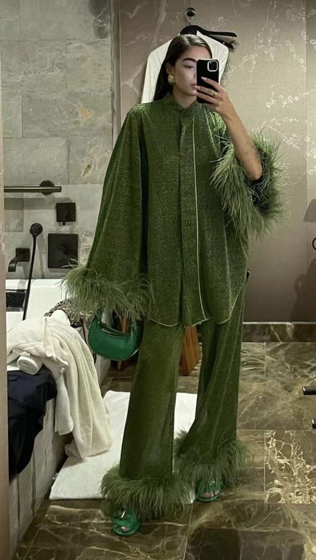 WW | Herbst Winter Feder Stehkragen Langarmoberteil und Hosen Set