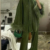 WW | Herbst Winter Feder Stehkragen Langarmoberteil und Hosen Set