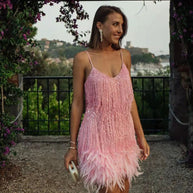 Damen Glitzerndes Kurzkleid mit Federn und funkelnden Pailletten WW