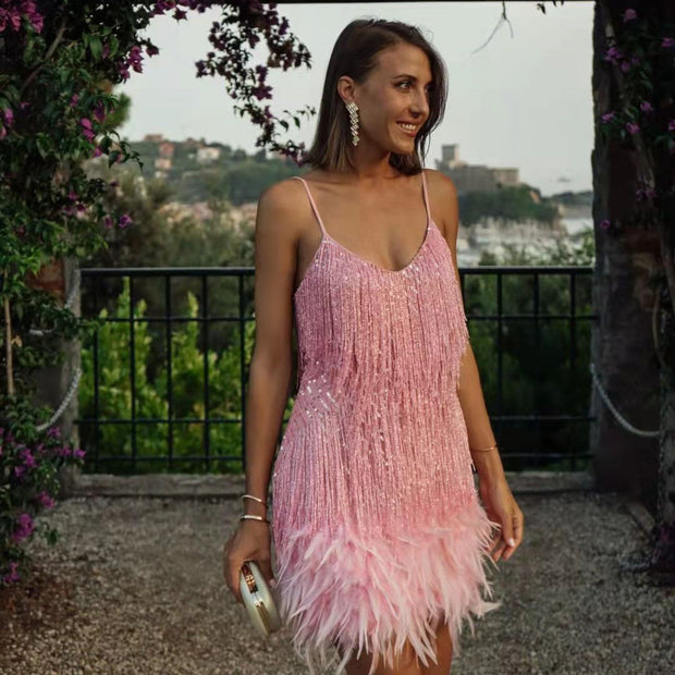 Damen Glitzerndes Kurzkleid mit Federn und funkelnden Pailletten WW