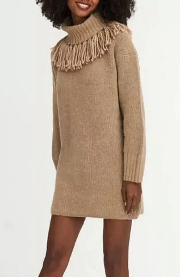 Damen Strickkleid mit Fransenkragen und gerippten Ärmeln WW