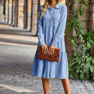 Damen karierte Midi-Bluse mit Knopfleiste und ausgestelltem Rock WW