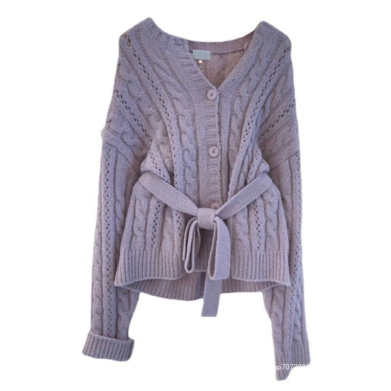 Damen Strickjacke mit Taillengürtel und Zopfmuster WW