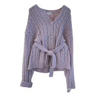 Damen Strickjacke mit Taillengürtel und Zopfmuster WW