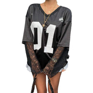 Damen Streetstyle Oversized T-Shirt mit Lace-Ärmeln WW