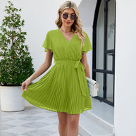 WW Damen V-Ausschnitt Plissee Rock Schnürung Chiffon Kurzarm Kleid
