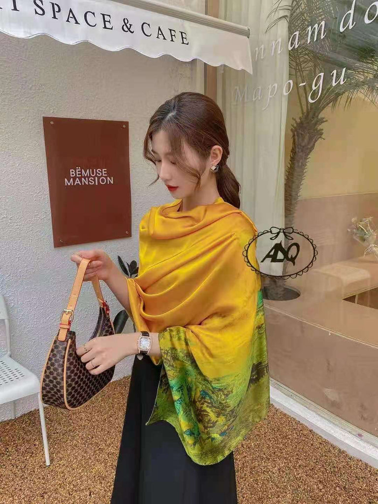 Damen Eleganter Seidenschal mit kunstvollem Landschaftsmuster und luxuriösem Glanz WW