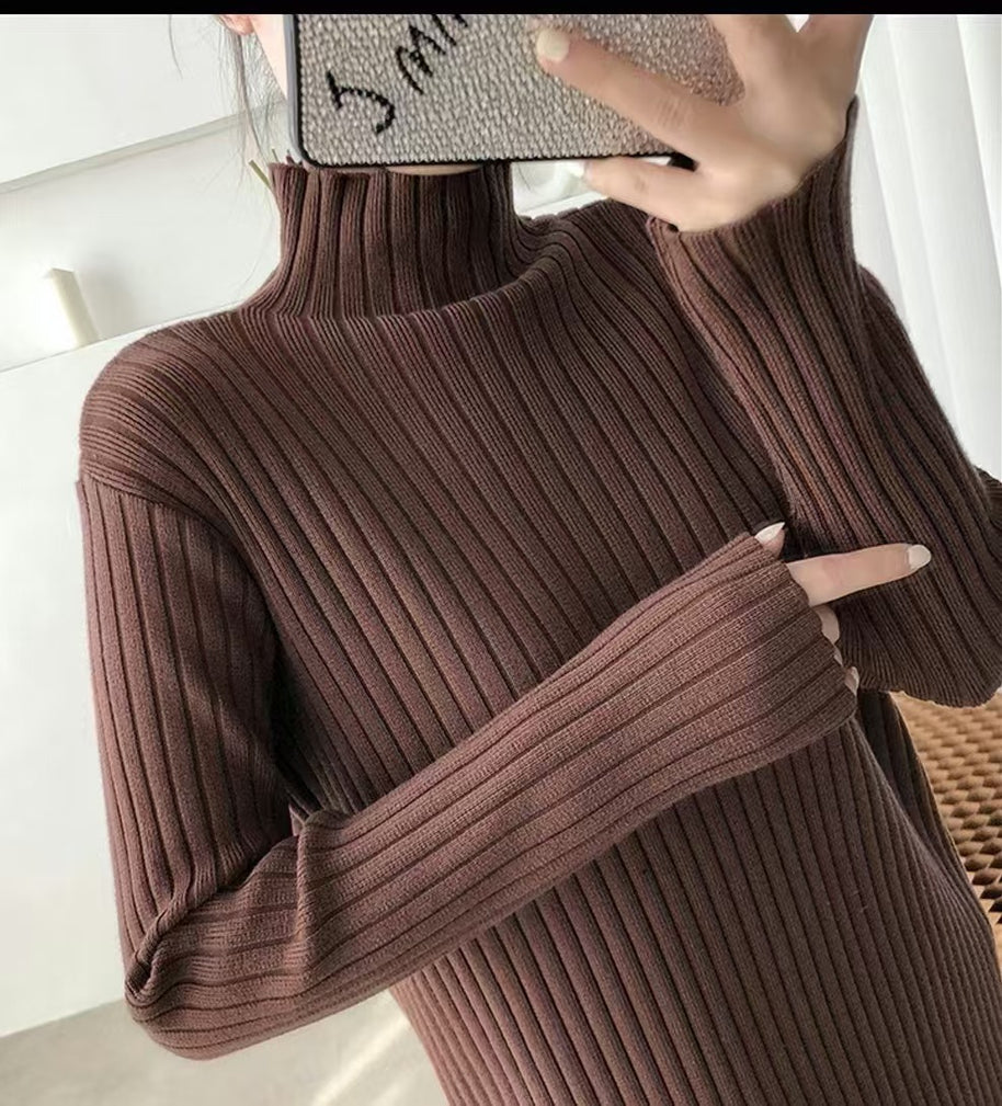 Damen Strickkleid mit feiner Rippstruktur und hohem Kragen WW