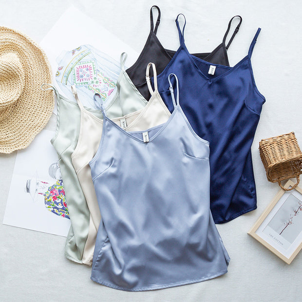 Damen Seidenähnliches Spaghetti-Top mit V-Ausschnitt und verstellbaren Trägern WW