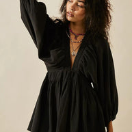 Damen Sommerliches Minikleid mit Puffärmeln und V-Ausschnitt WW